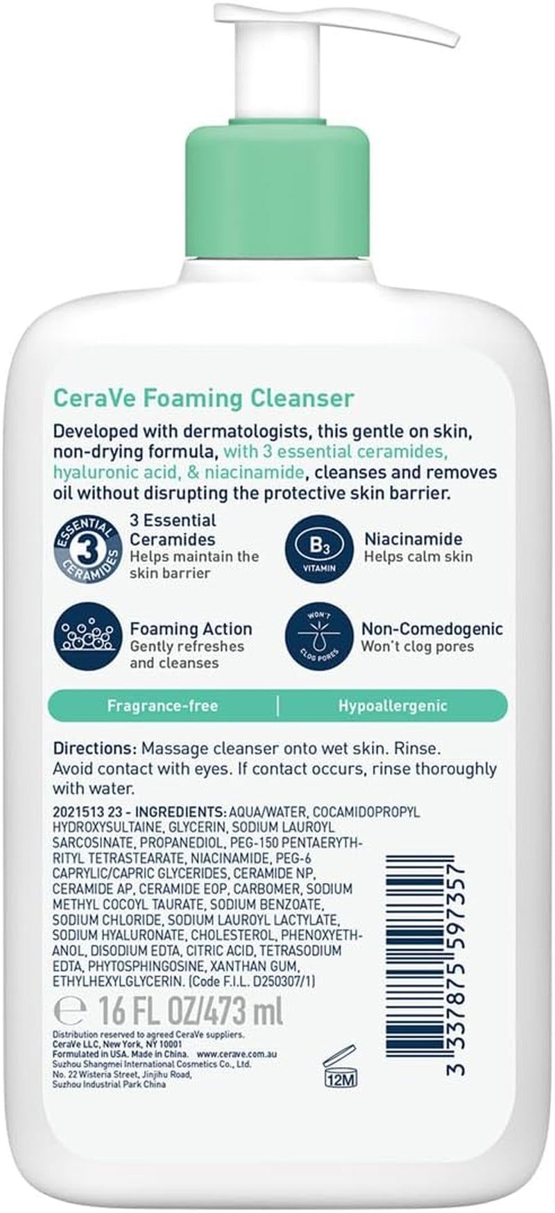 Foaming Cleanser Gel for Normal to Oily Skin - Oil Control Formula with Hyaluronic Acid, Niacinamide, and Ceramides, Fragrance-Free, 473ml