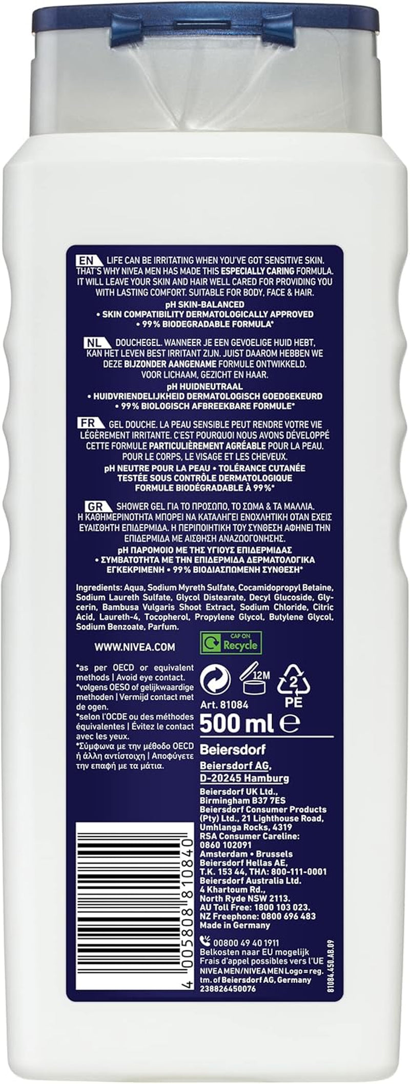 MEN Sensitive Shower Gel and Body Wash 500ml with Bamboo Extract | 3-in-1 Formula for Body, Face, and Hair | Ideal for Sensitive Skin | Long-Lasting Freshness | Biodegradable Formula