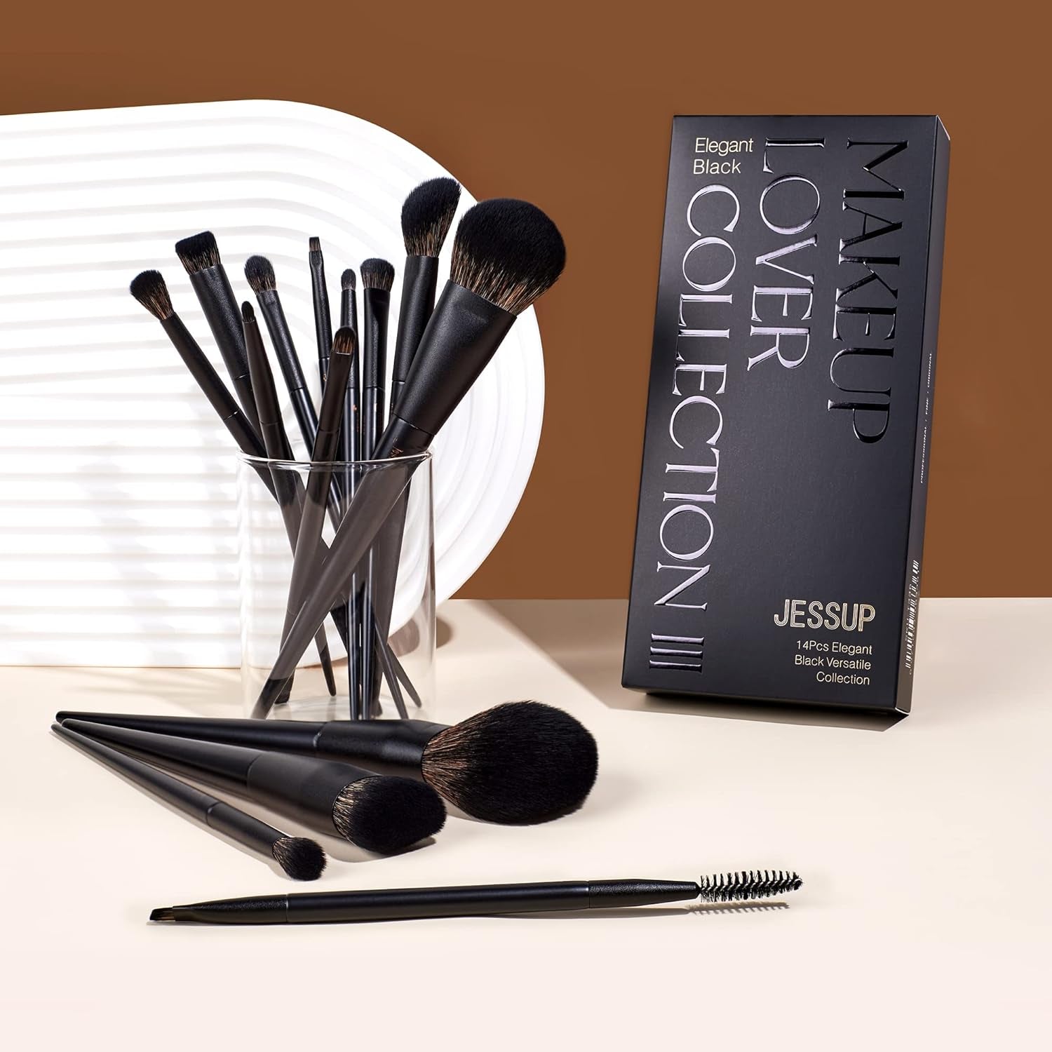 Professional 14-Piece Makeup Brush Set - Black Kabuki, Foundation, Eyeshadow, Contour, Concealer, Powder, Eyeliner, Crease, Eyebrow, and Blending Brushes, Model T336