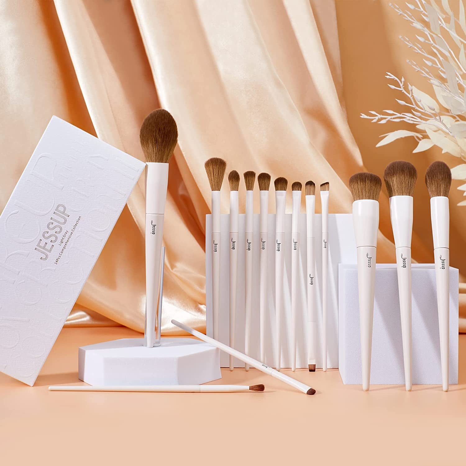 14-Piece Premium Synthetic Makeup Brush Set - Light Grey T329 for Powder, Foundation, Contour, Blush, Concealer, Eye Shadow, Blending, and Liner